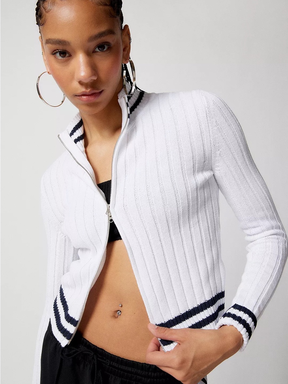 BDG White Ribbed Zip-Up Sweater with Black Stripe Collar NWT